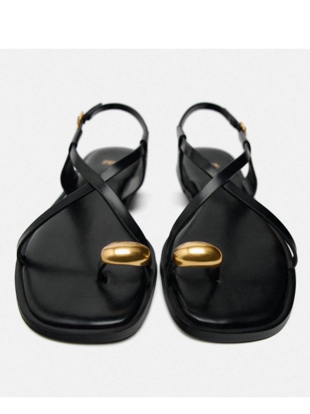ZARA Black Leather Flat Strappy Gold Metal Toe Sandals - Picture 4 of 15